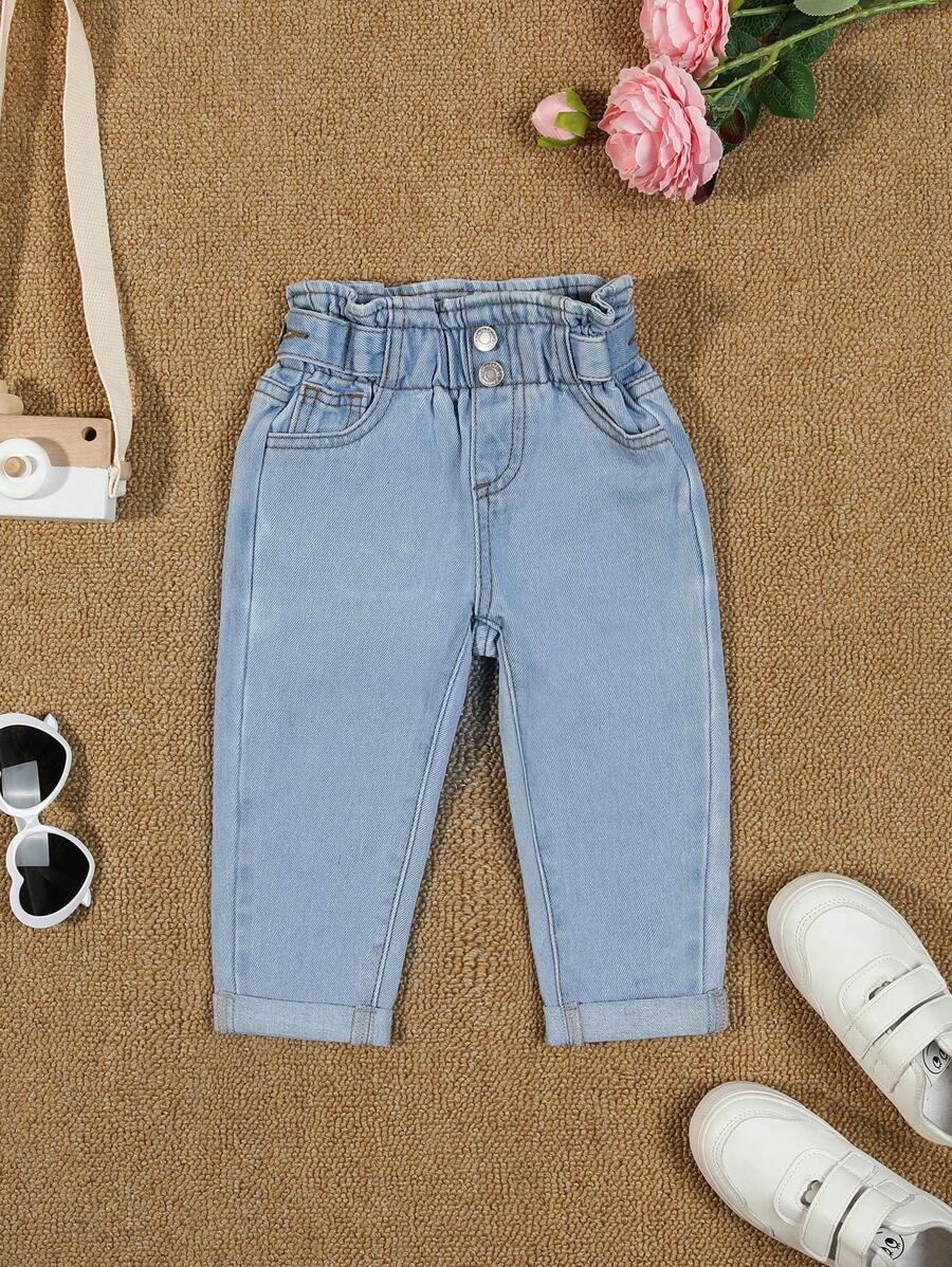 嬰兒女孩休閒錐形水洗牛仔褲，紙袋腰設計 - 淺色水洗藍 - 查看 1