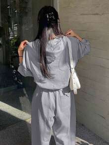 DAZY Letter Graphic Drop Shoulder Hoodie & Drawstring Waist Sweatpants - Grey - View 2