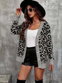 SHEIN Frenchy Leopard Print Button Up Cardigan Sweater - Grey - View 6