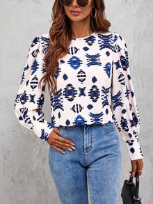 SHEIN LUNE 幾何印花燈籠袖襯衫 - 彩色 - 查看 4