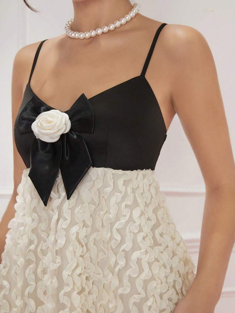 Women's Sexy Color Block Spaghetti Strap Dress With Bowknot & Flower Decoration