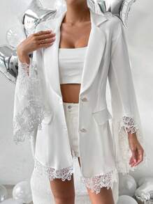 SHEIN Privé 蕾絲袖口拼接西裝外套 - 白色 - 查看 4