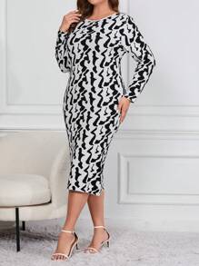 SHEIN Clasi Plus Size Women's Printed Sweater Dress - Black and White - View 4
