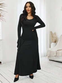 VaVaBold Solid Flounce Sleeve A-line Dress
