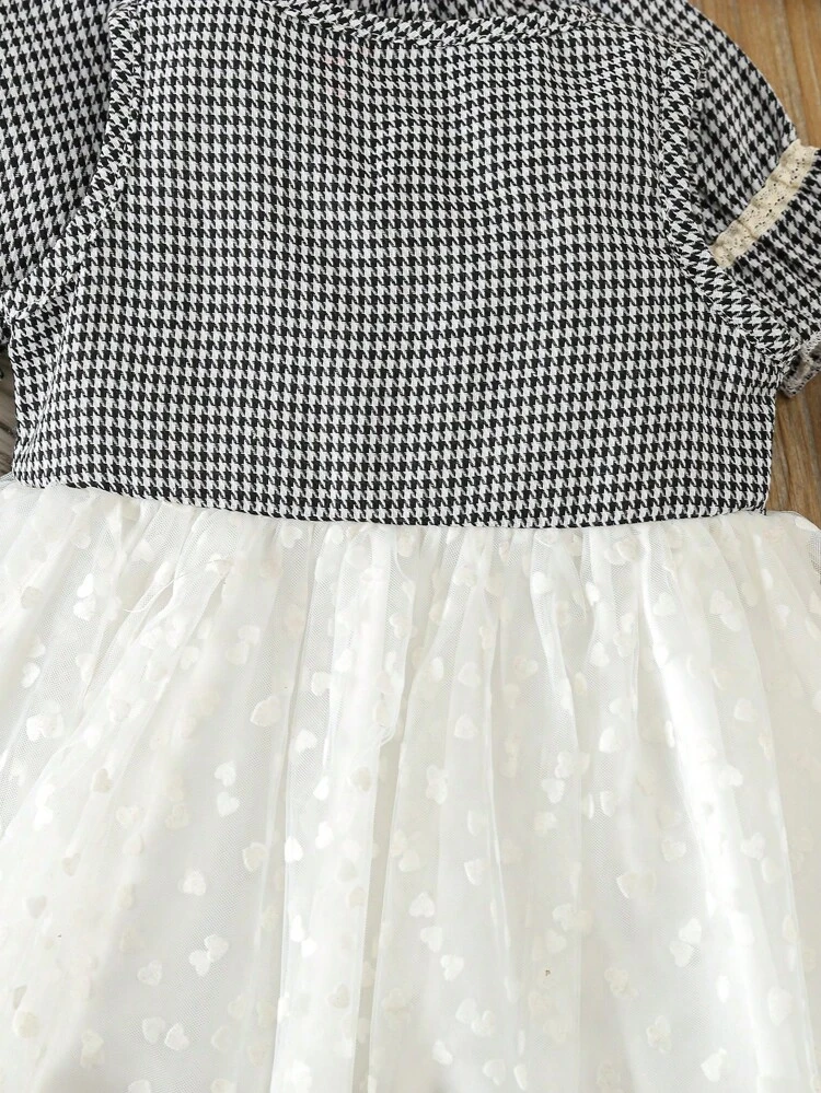 Baby Girl Houndstooth Print Flounce Sleeve Jacket & Contrast Mesh Dress