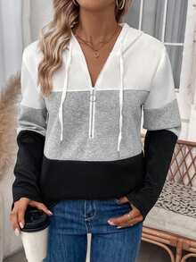 SHEIN LUNE 拼接半拉鍊束口連帽衛衣 - 彩色 - 查看 4