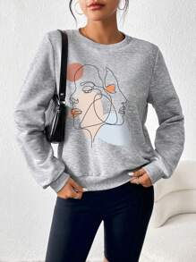 SHEIN Essnce Figure Graphic Round Neck Sweatshirt - Light Grey - View 1