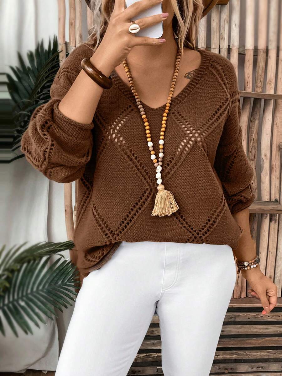 SHEIN LUNE Plus Pointelle Knit Drop Shoulder Sweater Knit Pullover Fall Winter Sweater - Khaki - View 1