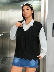 SHEIN EZwear Hơn Cắt vỏ sò Xoắn Dan Áo len vest Không có áo lót - màu đen - Xem 4