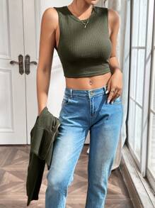 SHEIN Essnce Của phụ nữ Đồ đan Ribbed Thon gọn Áo thun Với Vòng cổ - xanh quân đội - Xem 3