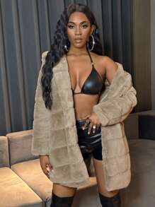 BamGleam Solid Open Front Hooded Fuzzy Coat - Khaki - View 3