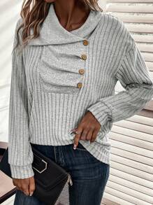 SHEIN LUNE 不對稱領落肩袖運動衫 - 灰色 - 查看 6