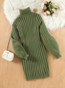 十幾歲的女孩高領燈籠袖毛衣連衣裙 - 綠色 - 查看 1