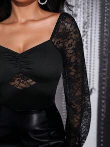 Zolique Lace Raglan Sleeve Sweetheart Neck Bodysuit - Black - View 7