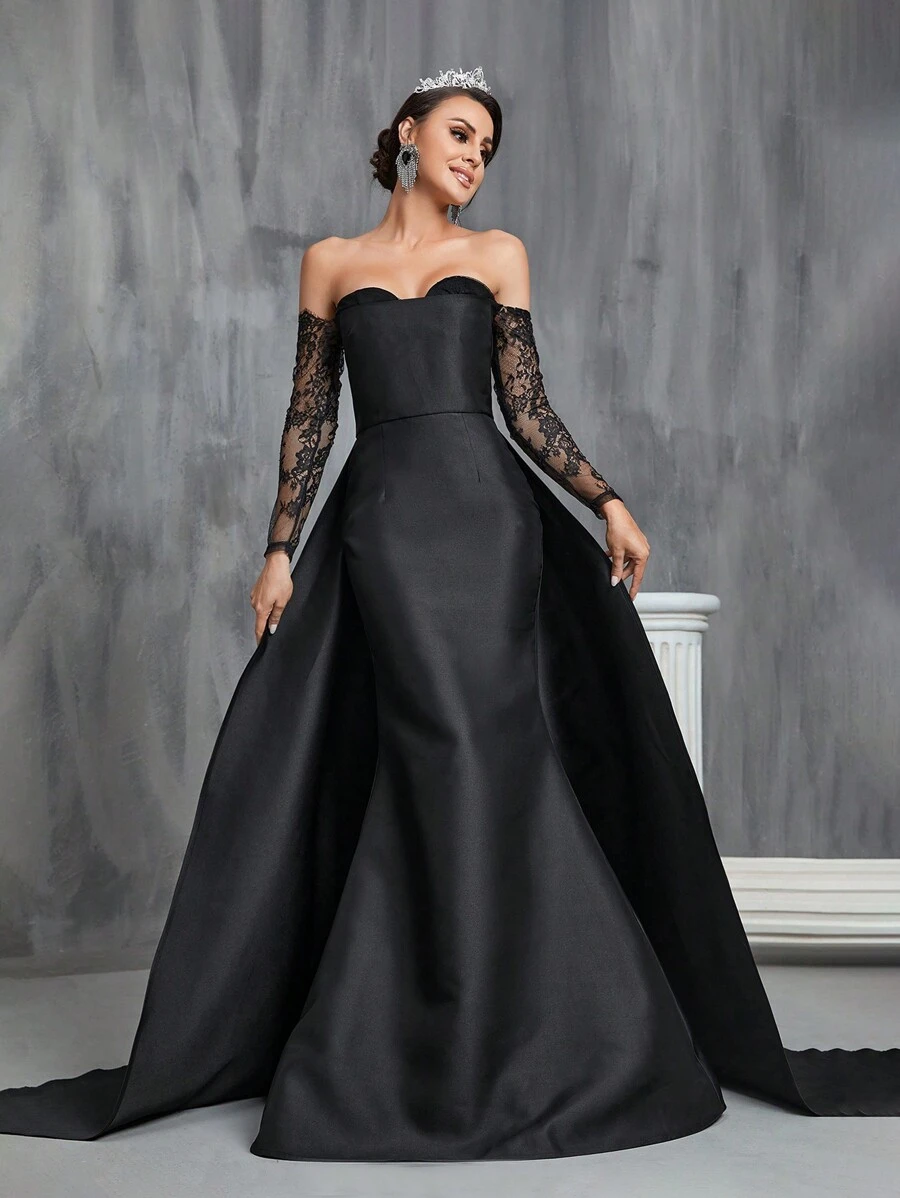 Contrast Lace Off Shoulder Floor Length Wedding Dress - Black - View 1