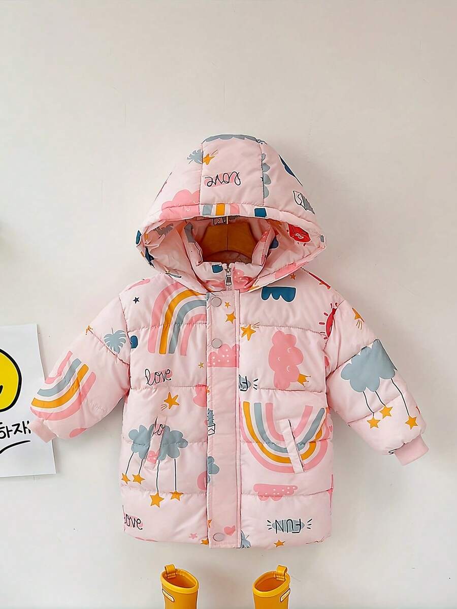 SHEIN 年轻女孩彩虹与卡通图案连帽棉服外套