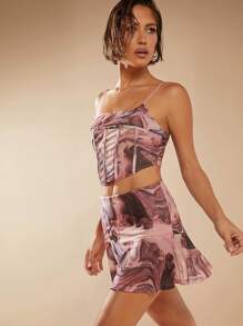 L'Amorae Marble Print Top & Flare Skirt Two Piece Set