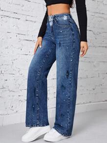 SHEIN EZwear In Splash Ink Quần legging thẳng - Màu xanh lam - Xem 5