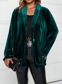 SHEIN LUNE Plus Shawl Collar Flap Detail Velvet Blazer - Dark Green - View 5