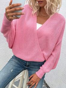 SHEIN Frenchy tay cánh Bọc Buộc lại Áo len - Hồng - Xem 4