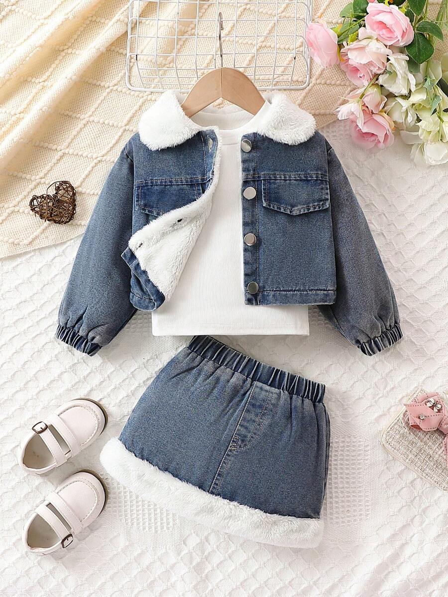 女嬰毛絨內襯夾克&半身裙&T恤