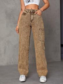 SHEIN ICON 多口袋水洗直筒牛仔褲 - 咖啡棕 - 查看 1