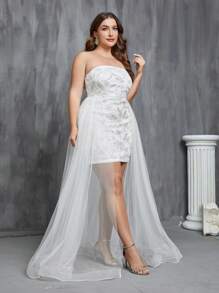Plus Floral Jacquard Mesh Overlay Tube Wedding Dress - White - View 5