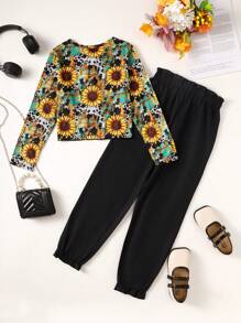 Girls' Floral & Letter Print Tie Front T-Shirt And Long Pants 2pcs Set - Black - View 2
