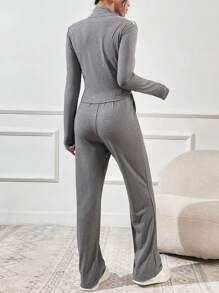 SHEIN Essnce 女士線條圖案上衣和下裝兩件套 - 灰色 - 查看 2