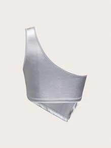 SHEIN ICON Metallic One Shoulder Cut Out Hanky Hem Pu Leather Top - Silver - View 2