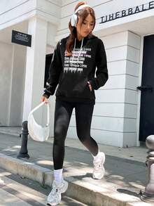 SHEIN Unity Women's Casual Slogan Print Thermal Lined Hoodie, Autumn & Winter - Black - View 4