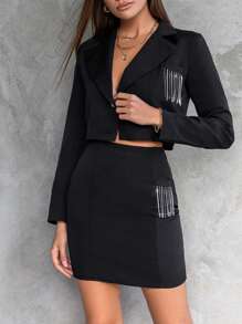 EURMUSE Rhinestone Fringe Trim Crop Blazer & Bodycon Skirt - Black - View 3