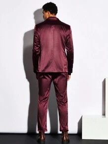 GENTILAND 男士1件尖領雙排扣緞面西裝外套和1條西裝長褲套裝 - 酒紅色 - 查看 2