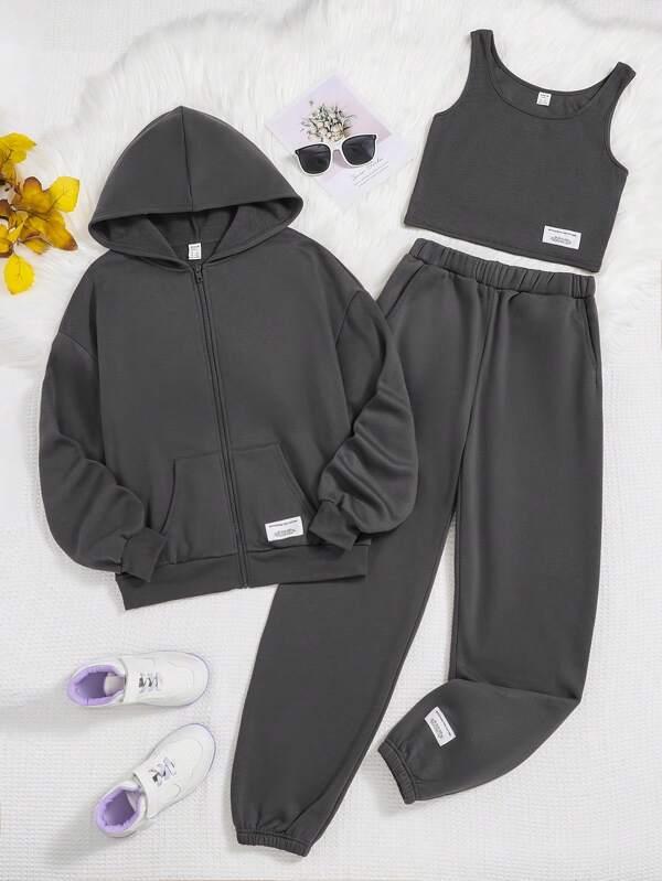 Conjunto de chaqueta con capucha de cremallera y pantalones de chándal de unicolor, Polar, Engrosado, Ropa deportiva casual para adolescentes