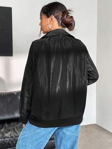 SHEIN Unity 翻蓋口袋插肩袖拉鏈開襟夾克 - 黑色 - 查看 2