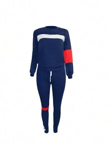 2pcs/Set Women Striped Splice Crew Neck Long Sleeve Pullover And Sweatpants, Casual Sportswear - Blue - View 3