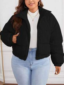 SHEIN Essnce Plus Size Padded Coat With Diagonal Pocket And Front Zipper, For Winter Fall Autumn - Black - View 6