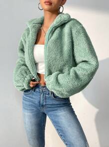 SHEIN Unity Dây kéo Mùa vụ 	
Fuzzy Áo khoác - Màu xanh Bạc hà - Xem 4