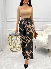 Zolique Cut Out Mock Neck Tee & Geo Print Belted Wide Leg Pants - Coffee Brown - View 1