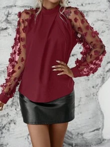 SHEIN LUNE Contrast Mesh Appliques Raglan Sleeve Mock Neck Blouse