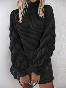 EMERY ROSE Turtleneck Drop Shoulder Knit Pullover Fall Winter Sweater - Black - View 4