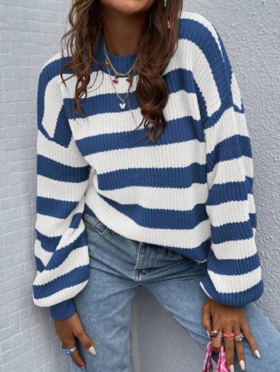 SoleilVie Striped Pattern Drop Shoulder Sweater,Long Sleeve Tops Knit Pullover Fall Winter Sweater