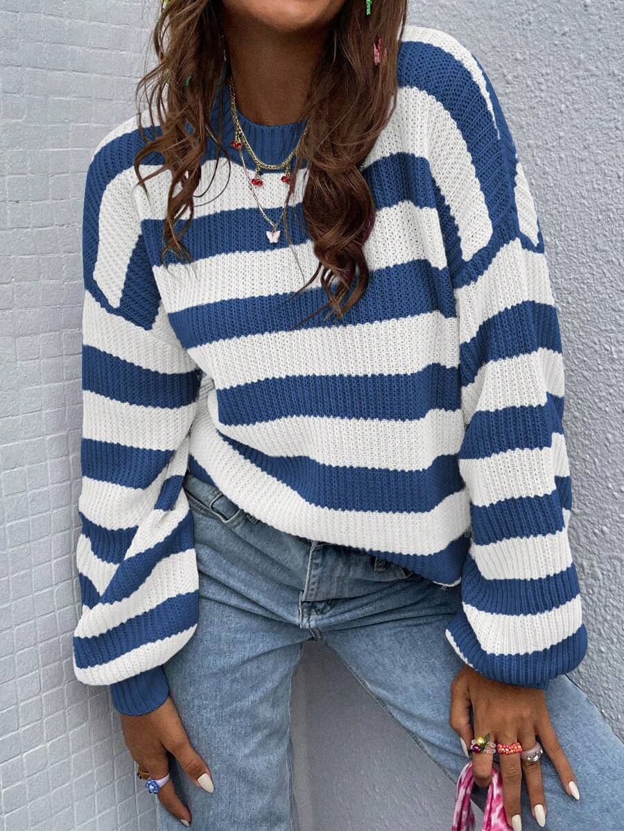 Calvaya Striped Pattern Drop Shoulder Sweater,Long Sleeve TopsKnit PulloverFall Winter Outfit