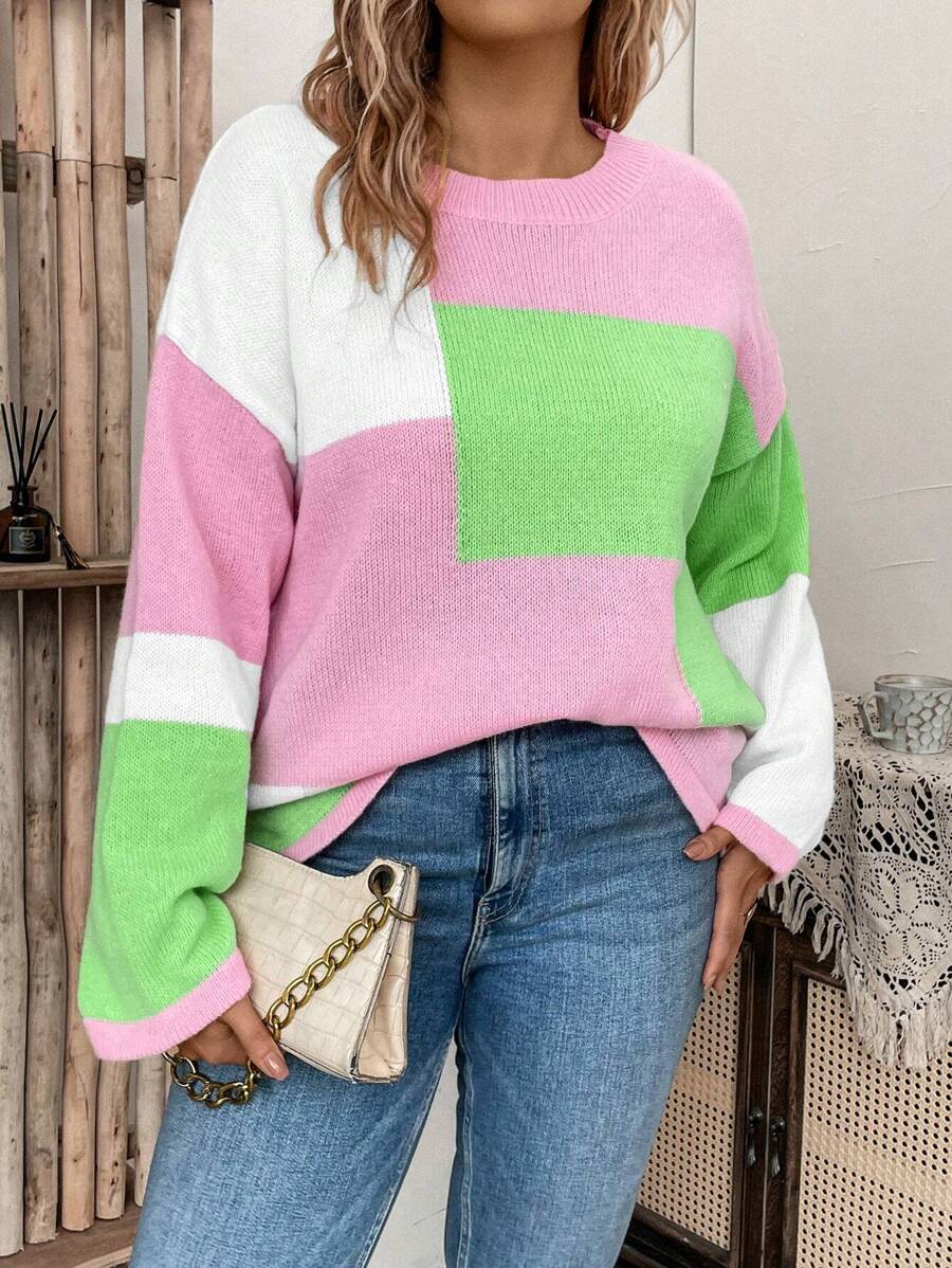 SHEIN LUNE Hơn Khối màu Thả vai Áo len - Nhiều màu - Xem 1