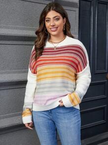 Calvaya 大碼條紋圖案落肩袖套頭毛衣 - 白色 - 查看 4