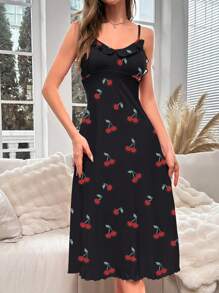Cherry Print Draped Collar Ruffle Trim Lettuce Hem Cami Pajama Nightdress Long Dress