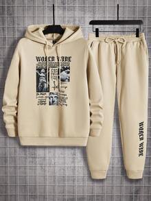 GENTILAND 男士口號及人物圖形束口連帽衛衣和運動長褲 - 白色 - 查看 4