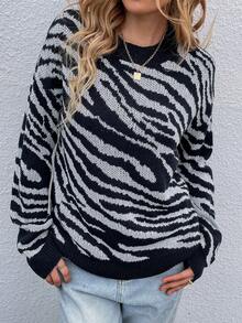 SHEIN Essnce Mô hình sọc ngựa vằn Thả vai Áo len - màu đen - Xem 6