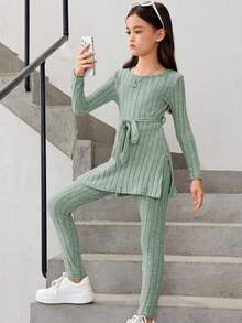 SHEIN Tween Girl Solid Belted Tee & Leggings - Olive Green - View 6