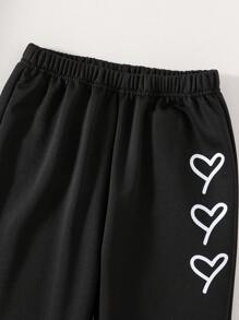 SHEIN 女孩寬鬆舒適2入組黑色簡約印花休閒度假套裝 - 黑色 - 查看 5